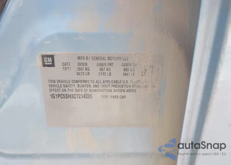 2012 Chevrolet Cruze Ls z USA, uszkodzony, nr VIN 1G1PC5SH3C7234286